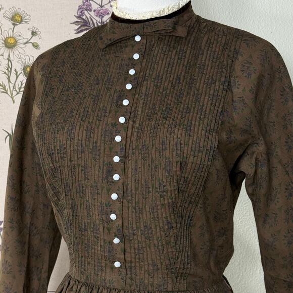 True Vintage 50s Brown Floral A-Line Dress Cottage Prairie Mori Kei Forest XS - Picture 2 of 5